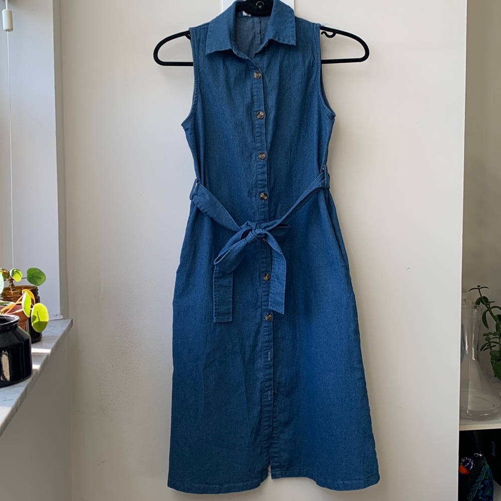 Stretchy Denim Button Down Dress with Waist Tie - Picture 1 of 12